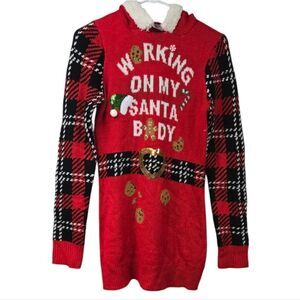 Ugly Christmas Sweater Dress Red Plaid Hoodie Juniors S Working On My Santa Body